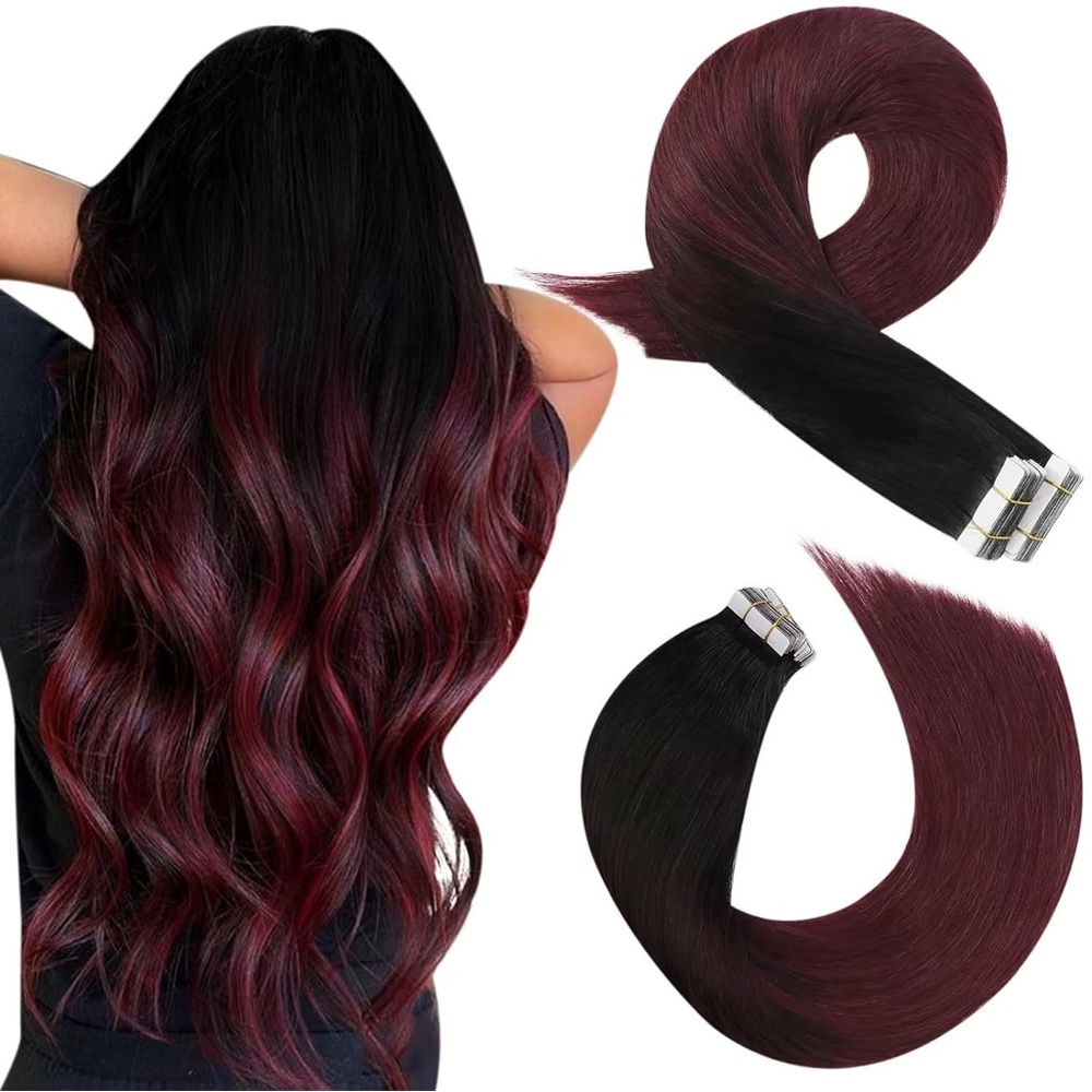 human hair red black burgundy ombre tape in hair extensions